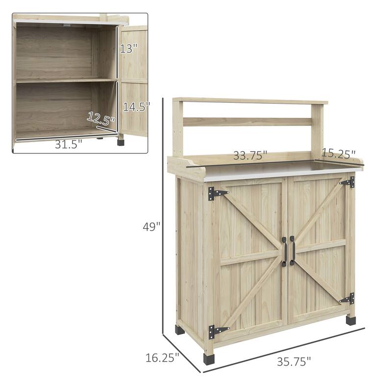 Potting Bench, Wooden Potting Table with Storage Cabinet with 2 Shelves, Garden Work Bench with Galvanized Plated Tabletop