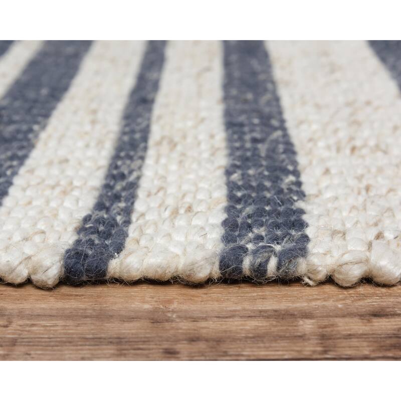 Alora Decor Sun Ivory and Blue Striped Hand-woven Wool Blend Rug
