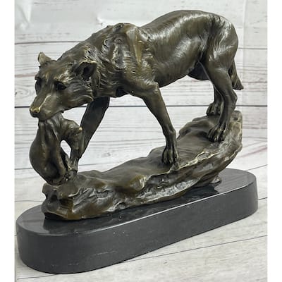 Wolf Carrying Cub Bronze Metal Statue Sculpture Marble Base 9 Inches X 11 Inches