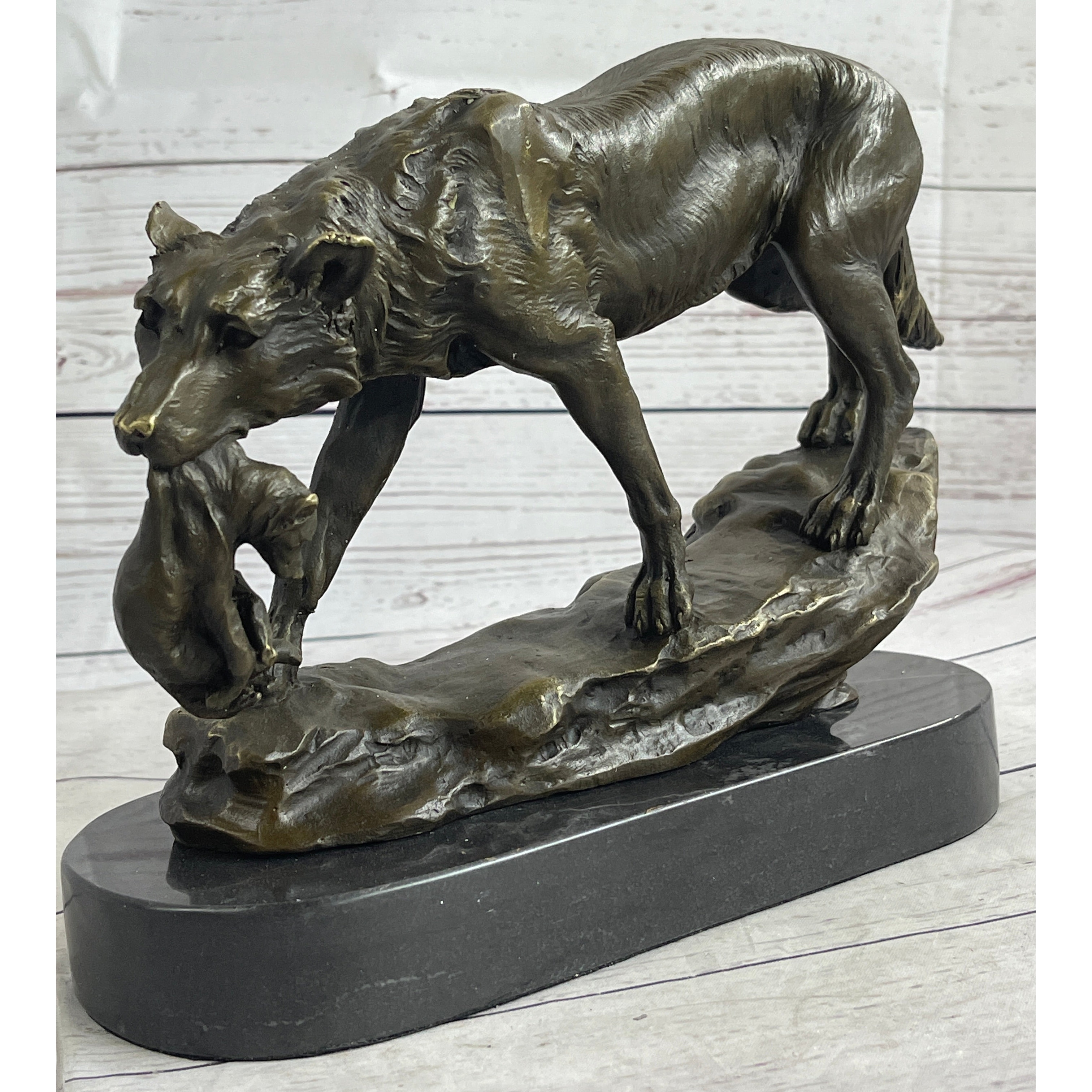 Wolf Carrying Cub Bronze Metal Statue Sculpture Marble Base 9 Inches X 11 Inches