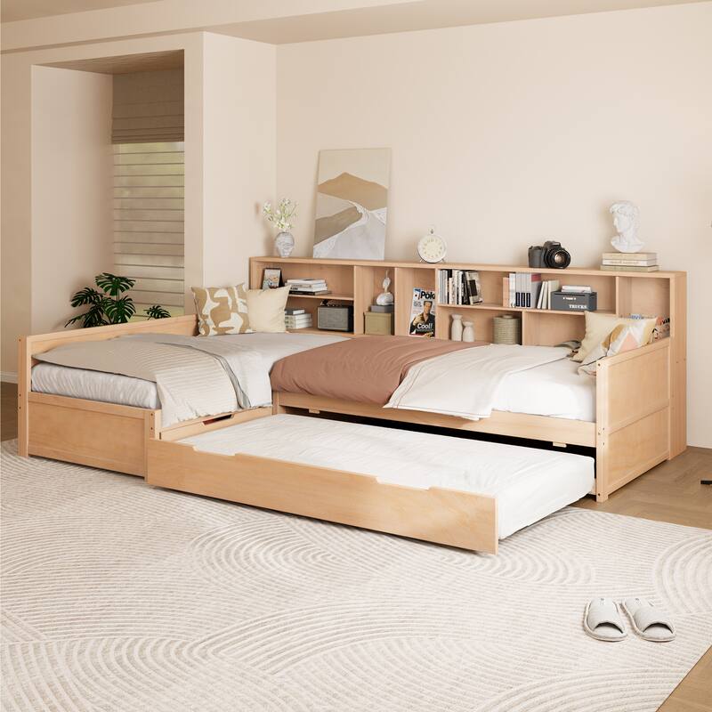 3-in-1 Bookcases Daybed L Shape Corner Sofa Bed Frame Wood Captains Bed with Underbed Trundle and Storage Drawer, Space-Saving
