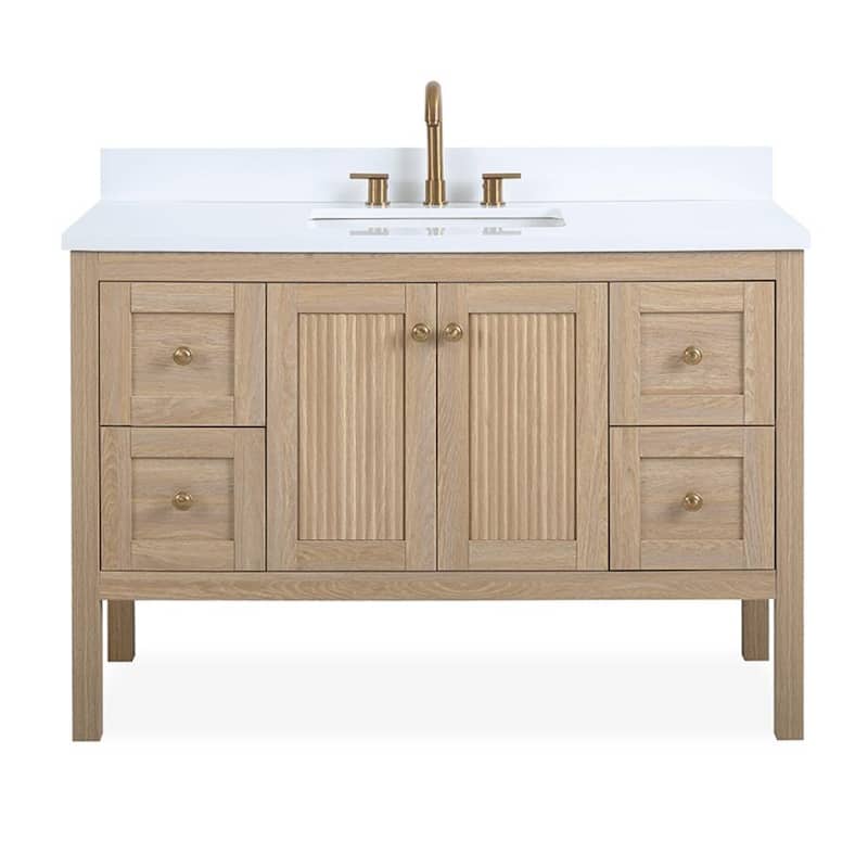48 Inch Modern Light Oak Single Sink Bathroom Vanity With White Quartz Top - 48 inch