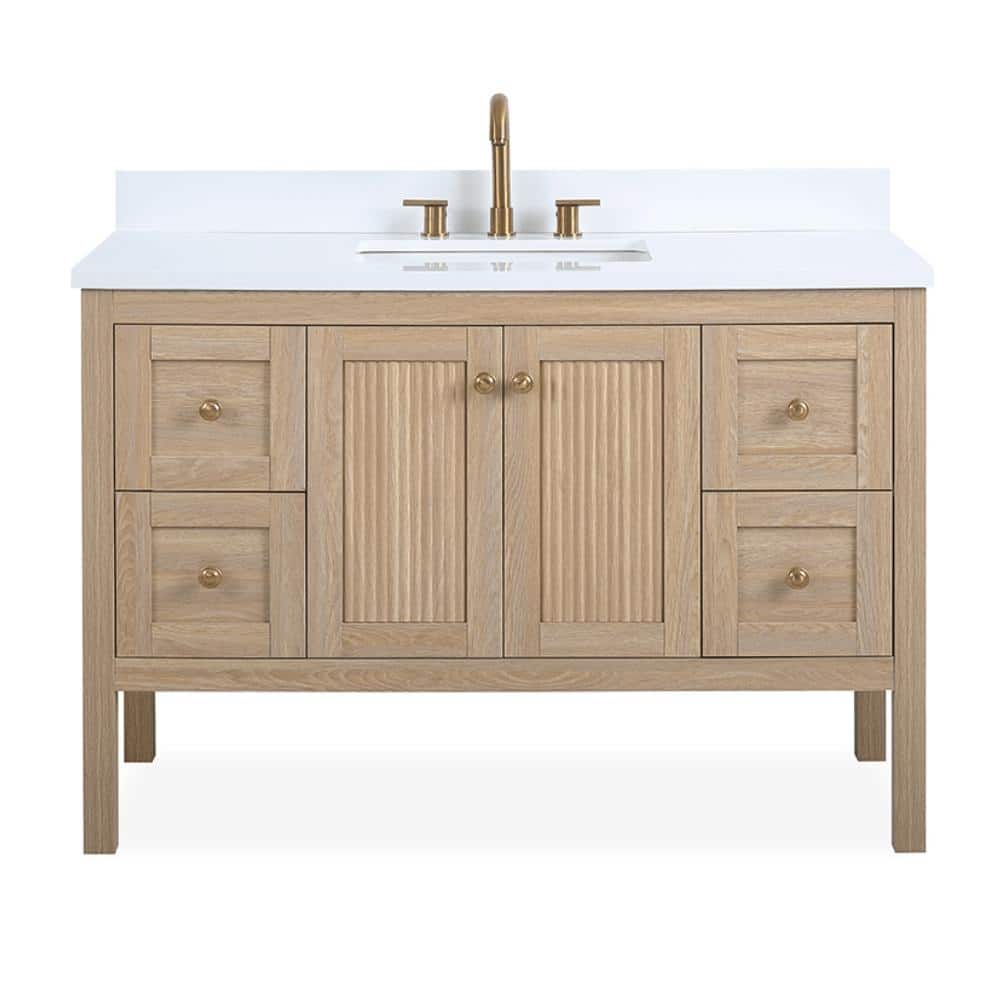 48 Inch Modern Light Oak Single Sink Bathroom Vanity With White Quartz Top