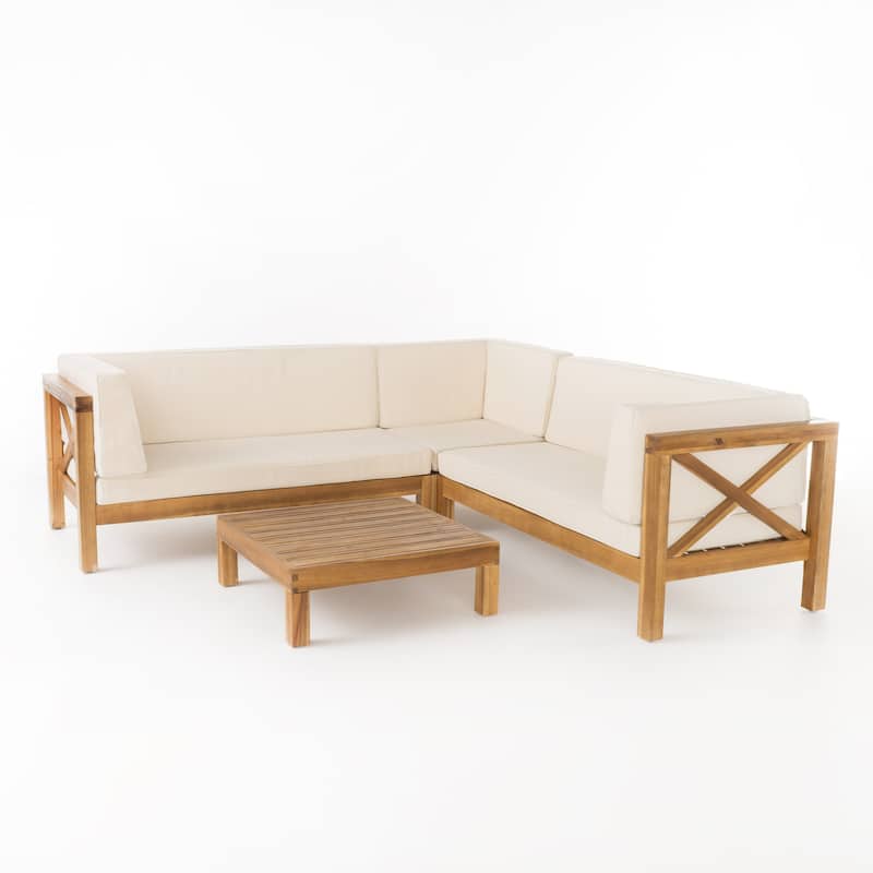 Brava Outdoor 4 Piece V-Shaped Acacia Wood Sectional Sofa and Coffee Table Set by Christopher Knight Home