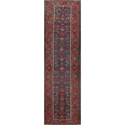Hand Knotted Oriental 100% Wool Carpet Traditional Geometric Navy Blue & Blues Heriz Runner Rug - 15' 7'' X 3' 5''
