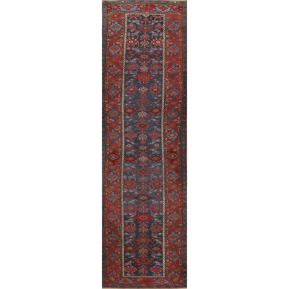 Hand Knotted Oriental 100% Wool Carpet Traditional Geometric Navy Blue & Blues Heriz Runner Rug - 15' 7'' X 3' 5''