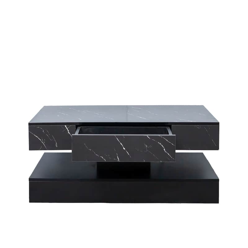 High-Glossy LED Coffee Table with 2 Drawers, Living Room Storage Tables with Marbling Print, Stylish Double-Layer Center Tables