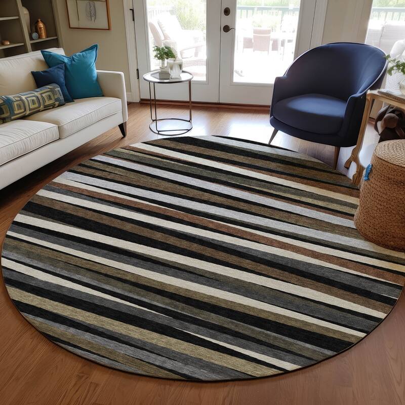 Machine Washable Indoor/ Outdoor Modern Stripes Chantille Rug - Black - 8' x 8'