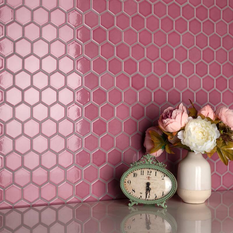 Merola Tile Tribeca 2" Hex Glossy Blush 11-1/8" x 12-5/8" Porcelain Floor and Wall Tile