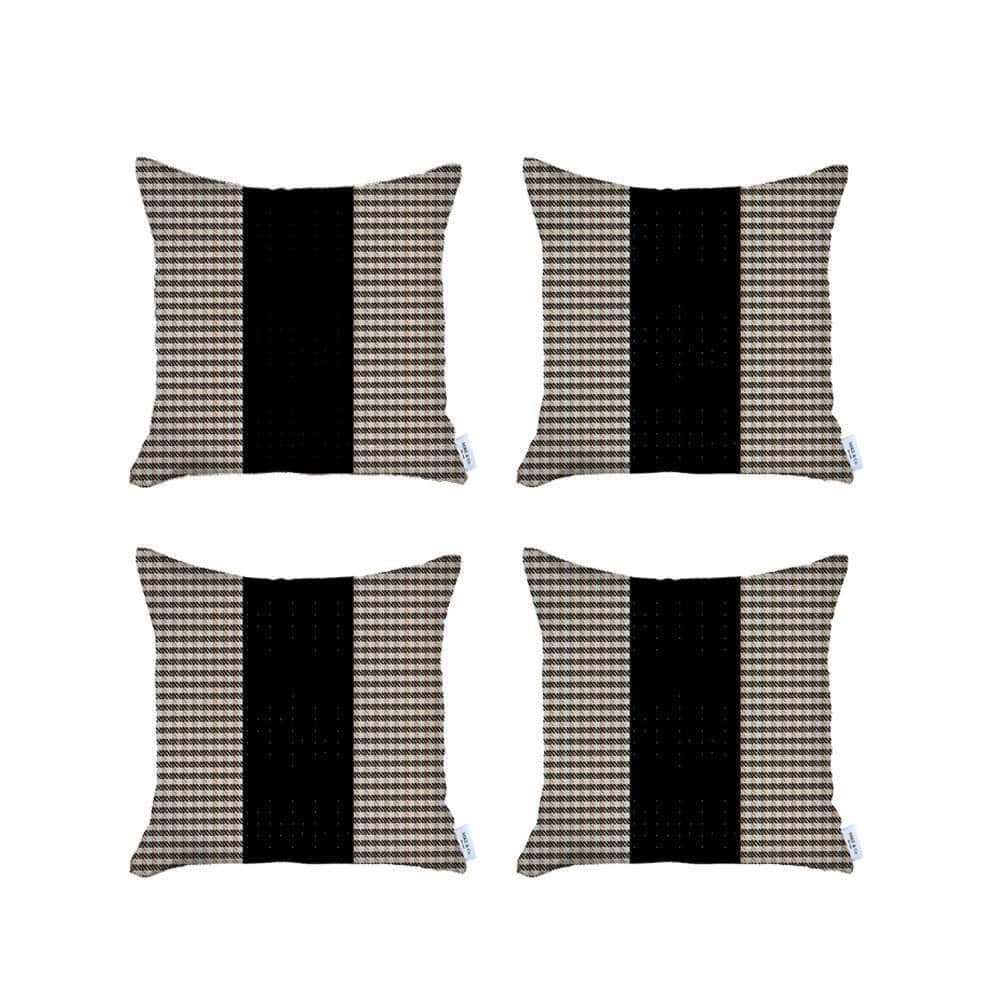 HomeRoots Set Of Four 18" X 18" Brown And Black Houndstooth Zippered Handmade Polyester Throw Pillow