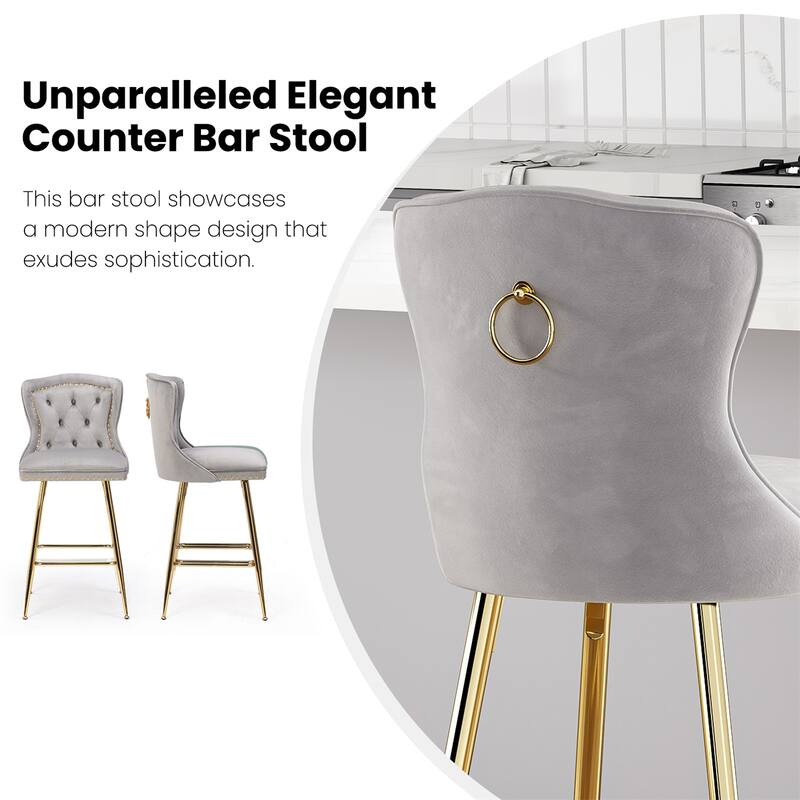 Velvet Bar Stools with Metal Legs, Button Tufted and Nailheads Trim (Set of 2)