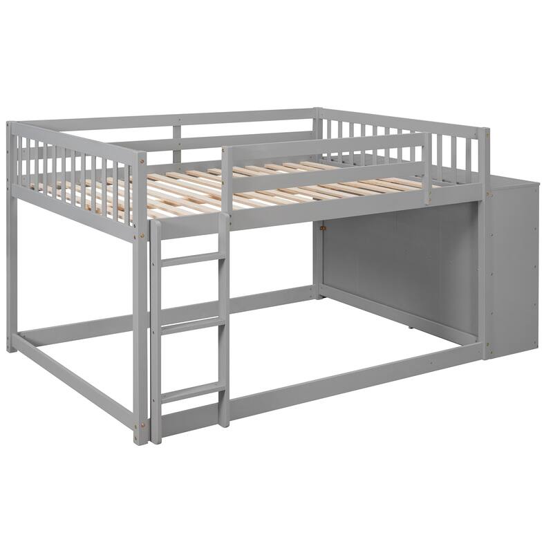 Full over Full Bunk Bed Wood Frame Bed with 4 Storage Drawers and 3 Shelves, Full-Length Guardrail Top Bunk for Kids Teens