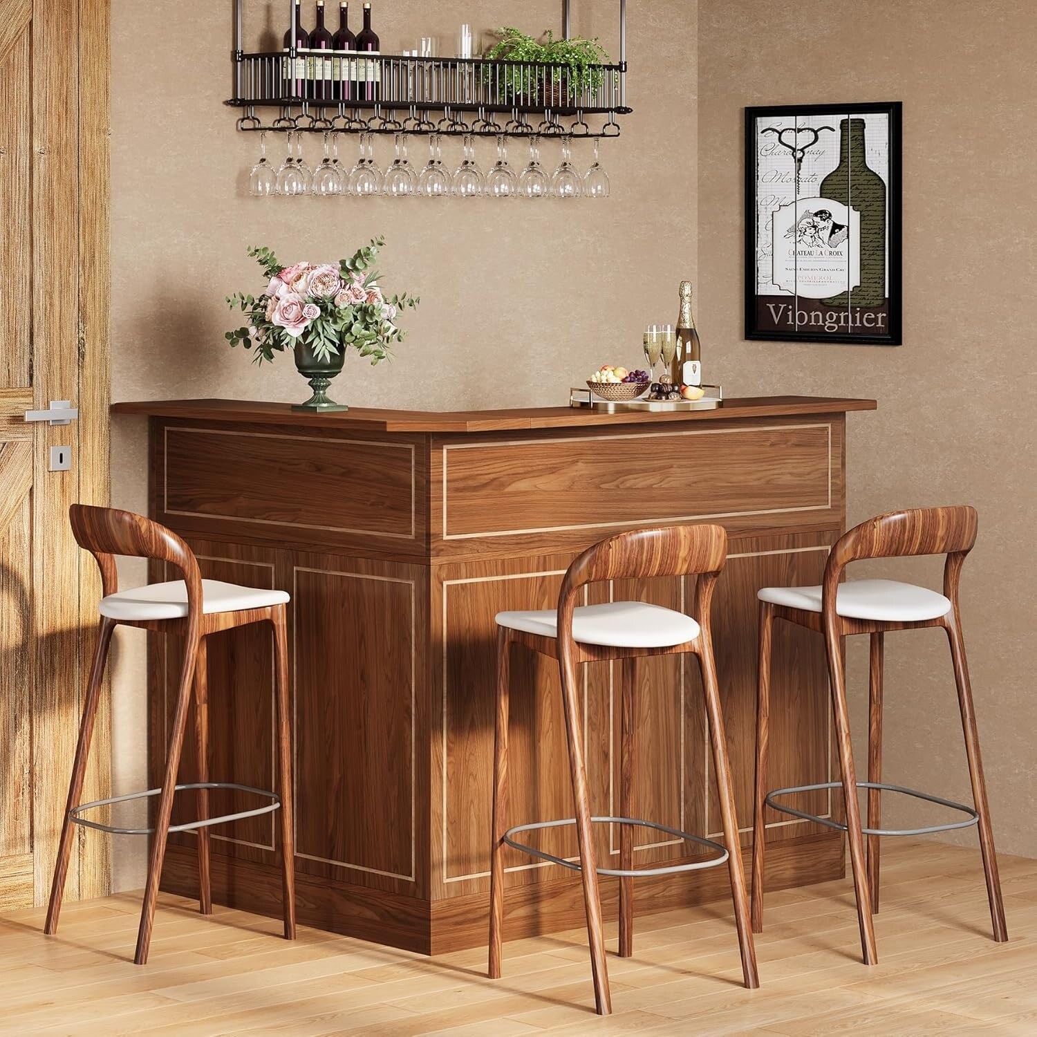 Black 4-Tier Bar Cabinet, L-Shaped Home Bar Table, Bar Unit with