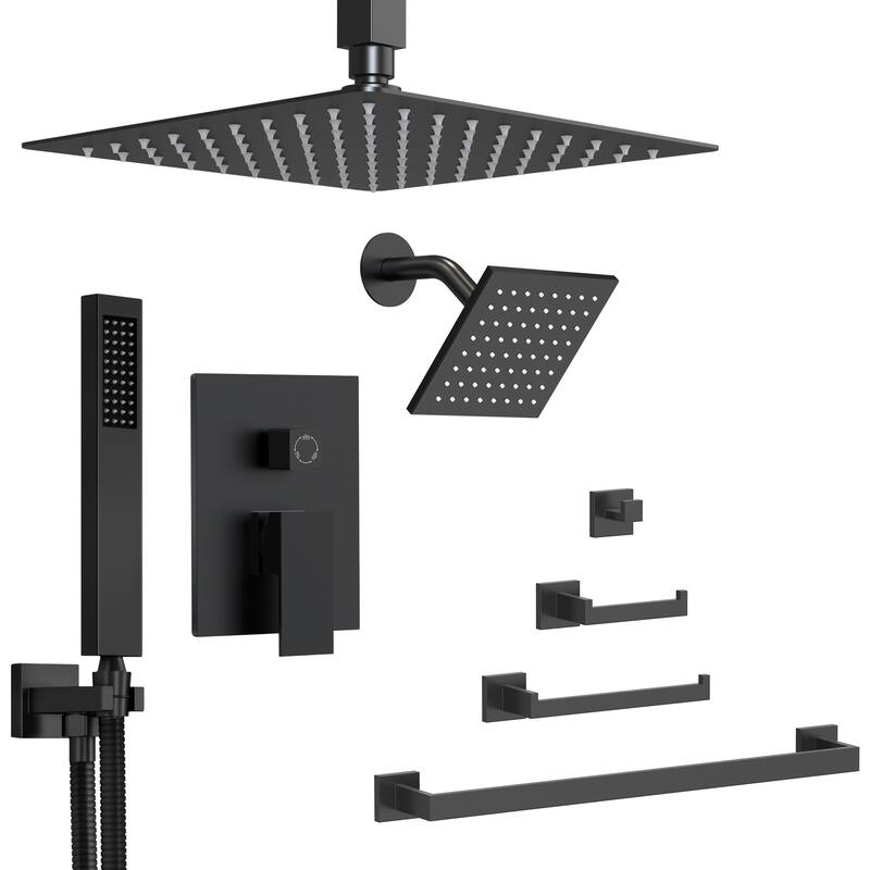 GRANDJOY Dual Shower Heads Shower System with 4-Piece Bathroom Towel Bar Hardware Set Combo - Matte Black