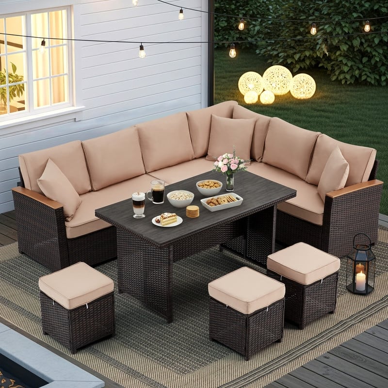 7-Piece Outdoor Sectional Set w/ Dining Table – All-Weather PE Rattan Patio Furniture for Garden, Poolside & Backyard