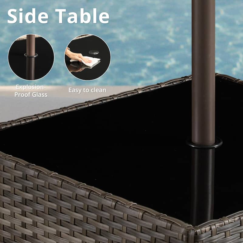 HOOOWOOO Wicker Rattan Patio Square Coffee Table with Umbrella Hole