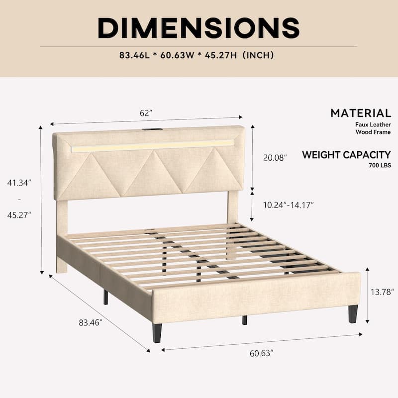 Queen Bed Frame with Headboard,Upholstered Platform Bed Frame Queen Size with Charging Station & LED Lights,Wooden Slats Support