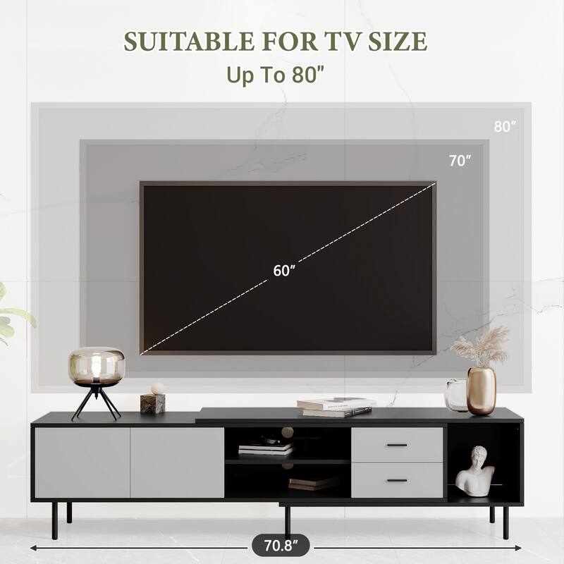 Living Room TV Stand with Storage and Two Drawers - Black+Grey