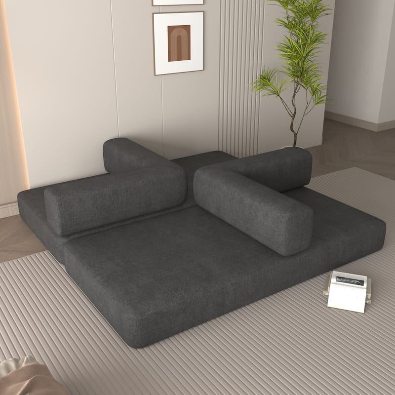 Convertible Floor Sleeper Sofa with Plush Pillows, Mattress Lounge Loveseat, Folding Sofa Bed with Adjustable Armrests