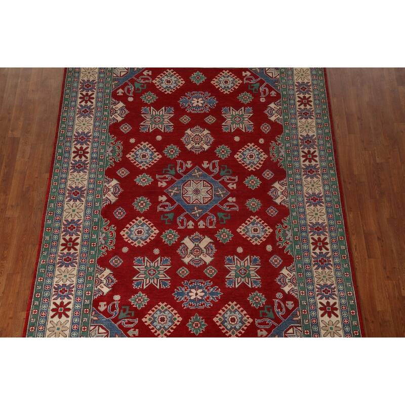 Red Geometric Kazak Oriental Area Rug Hand-Knotted Wool Carpet - 6'8" x 9'7"