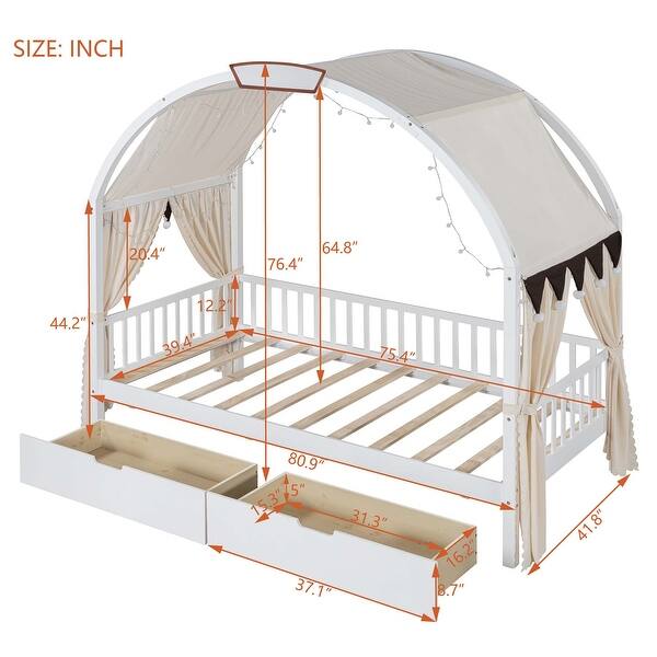 dimension image slide 2 of 3, Twin Size Bed With Arched Roof and 2 Drawers