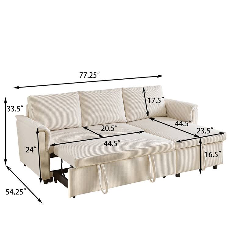 Convertible Corduroy Modular Loveseat Pull-Out Sleeper with Storage Chaise and Reclining Backrest for Living Room