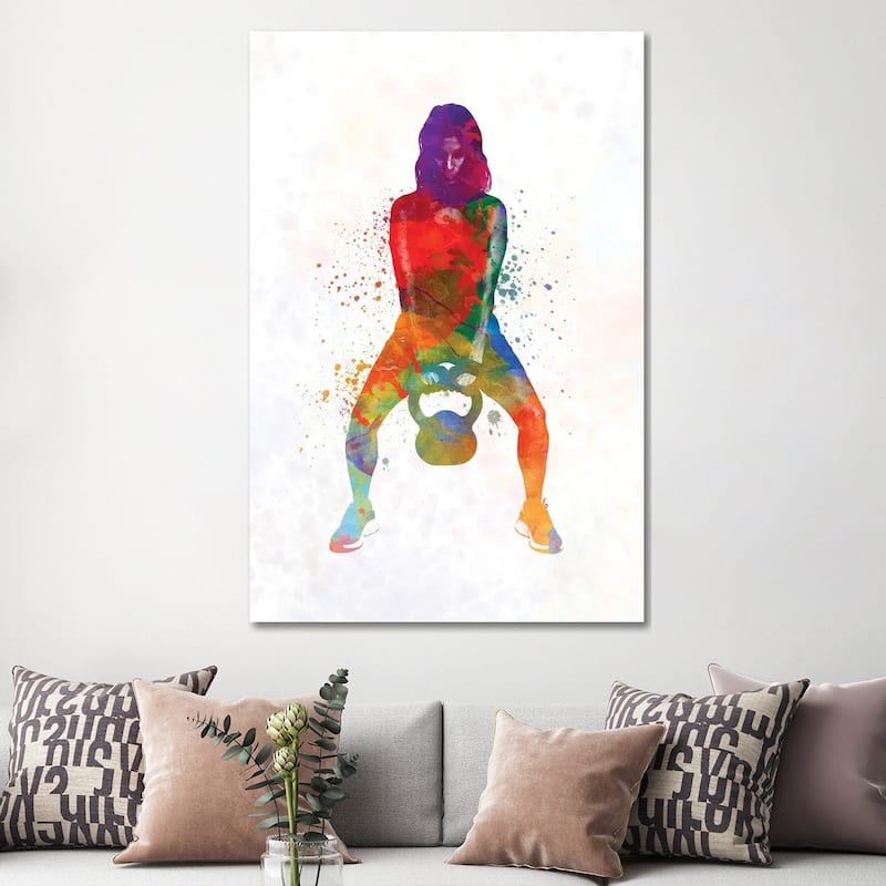 iCanvas "Crossfit Fitness Exercise Woman Lifting Kettlebell During Strength Training Exercising" by Paul Rommer Canvas Print