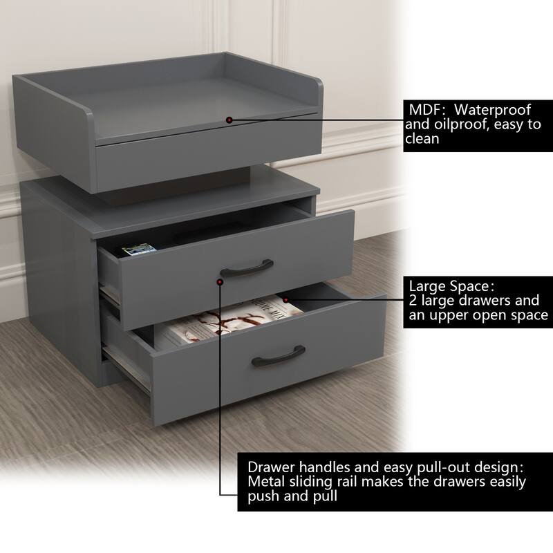 2-drawers Nightstand with Adjustable LED Strip Light for Large Space