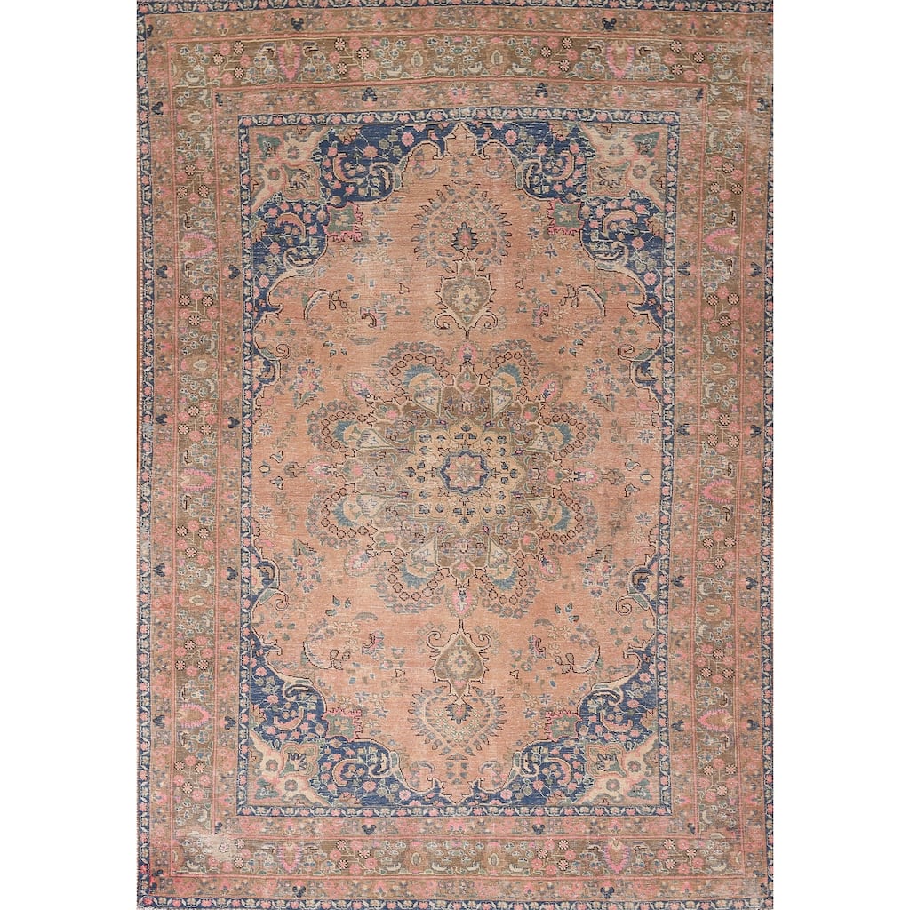 Distressed Floral Mashad Persian Vintage Area Rug Handmade Wool Carpet - 6'4"x 9'6"