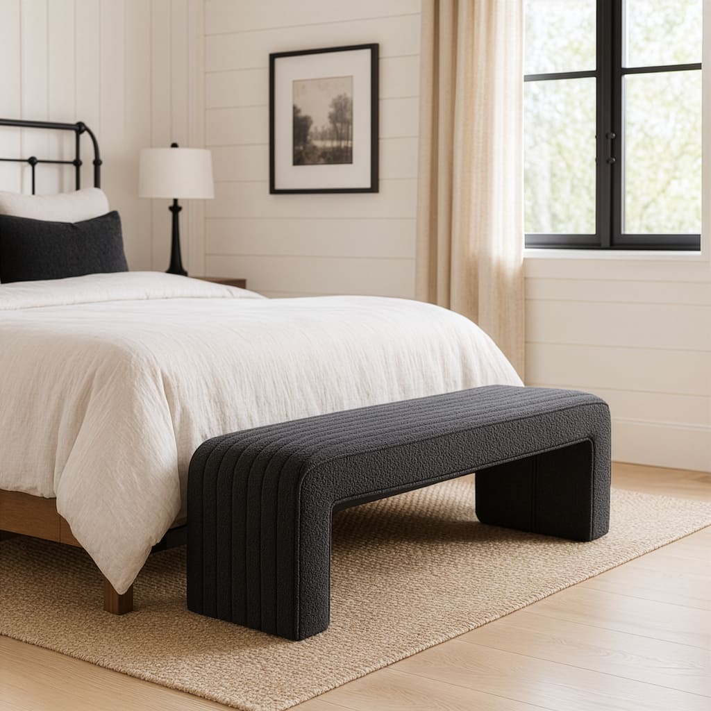 Benicia Gray Boucle Upholstered Fabric Tufted Bench