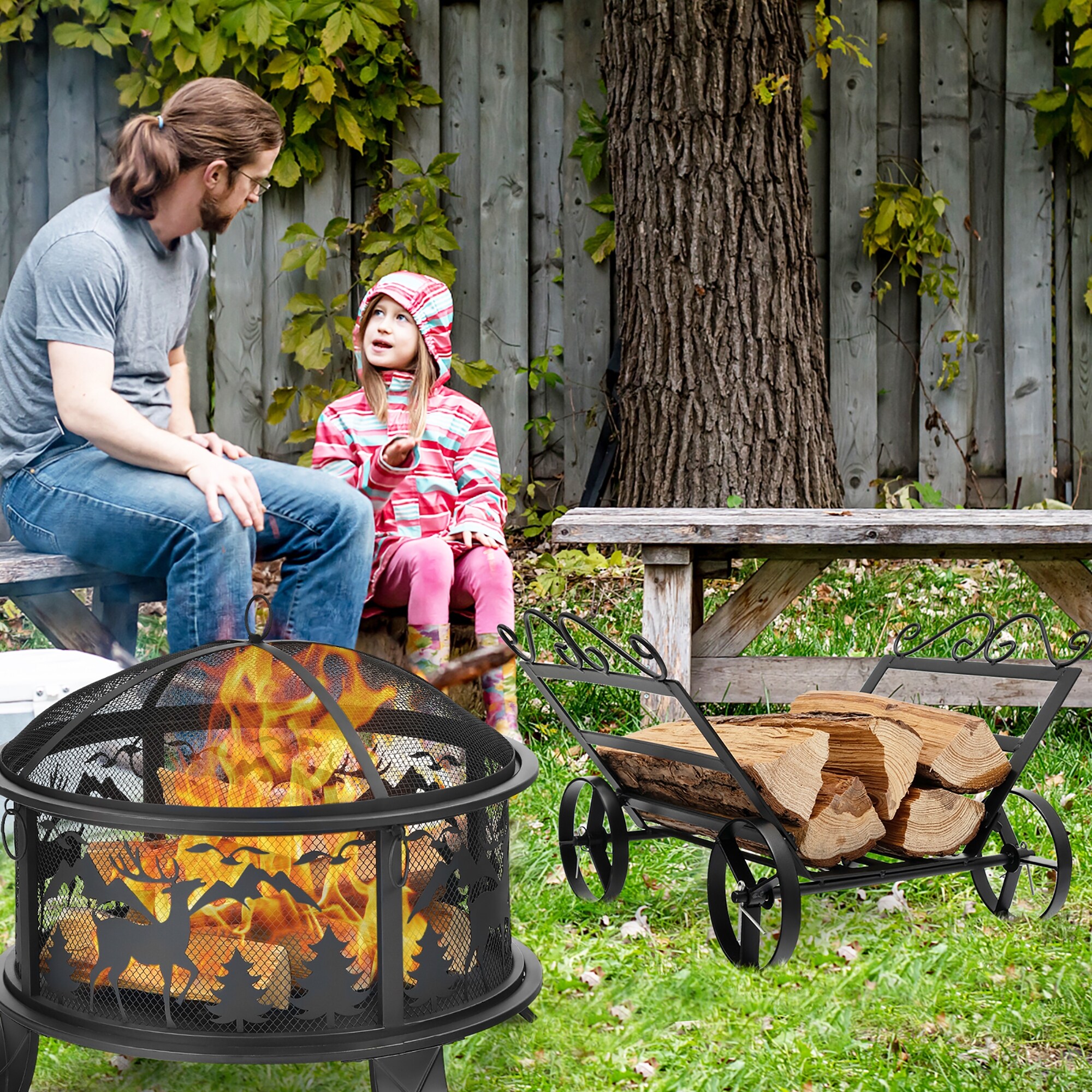 Firewood Rack Decorative Rustproof Steel Fireplace Log Holder w Wheel Bed Bath Beyond 37610966