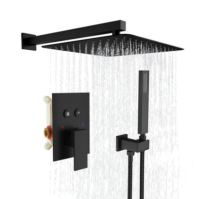 2-Spray Square 12 in. Dual Shower Head Wall Mount Fixed and Handheld Shower Head in Matte Black Valve Included - 12" x 12"