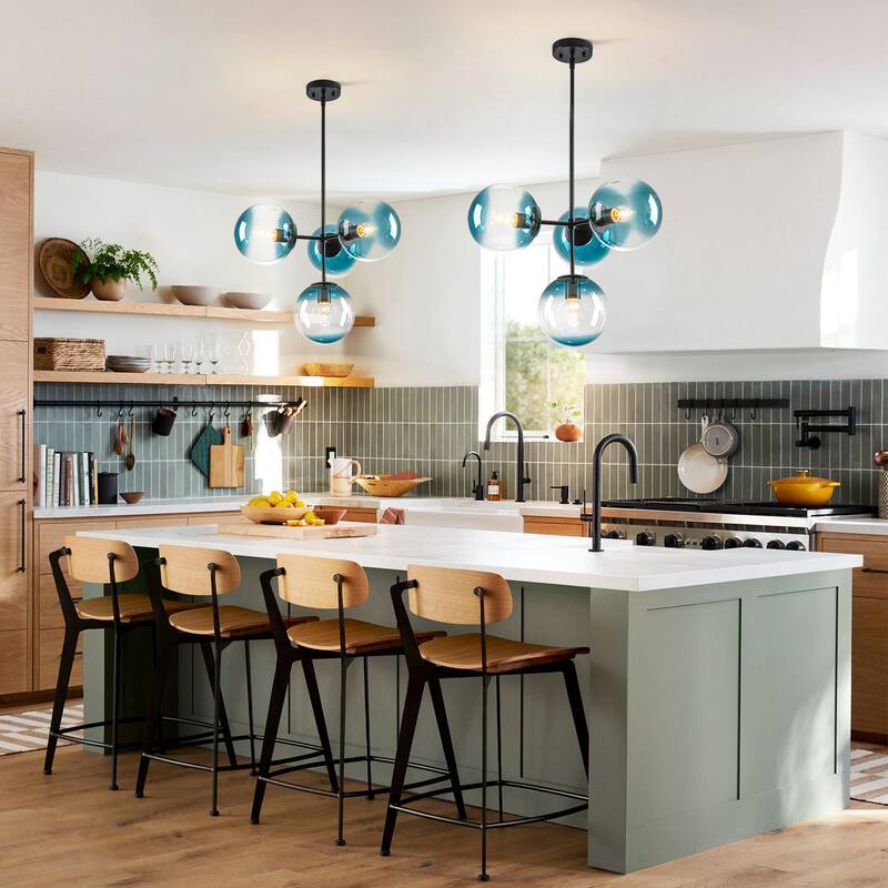 4-Light Modern Tiered Linear Sputnik Pendant Light in Brushed Gold/Black with Gradient Blue Glass Globes