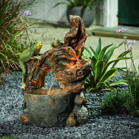 Green Resin Frogs and Brown Tree Outdoor Fountain with LED light