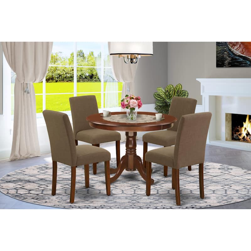 East West Furniture Kitchen Table Set- a Dining Table with Pedestal and 4 Coffee Linen Fabric Chairs, Mahogany(Pieces Options)) - HLAB5-MAH-18