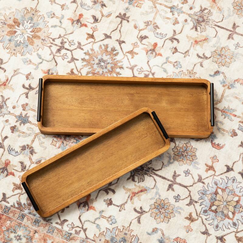 Glitzhome Set of 2 Rectangle Antique Wood Decorative Trays with Metal Handles