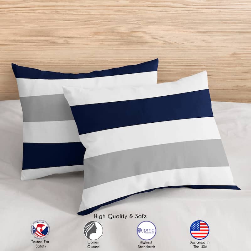 Sweet Jojo Designs Navy Blue/Grey Stripe Boy, Girl, Unisex/Gender Neutral Queen Duvet Cover Bedding Set - Classic Modern Striped