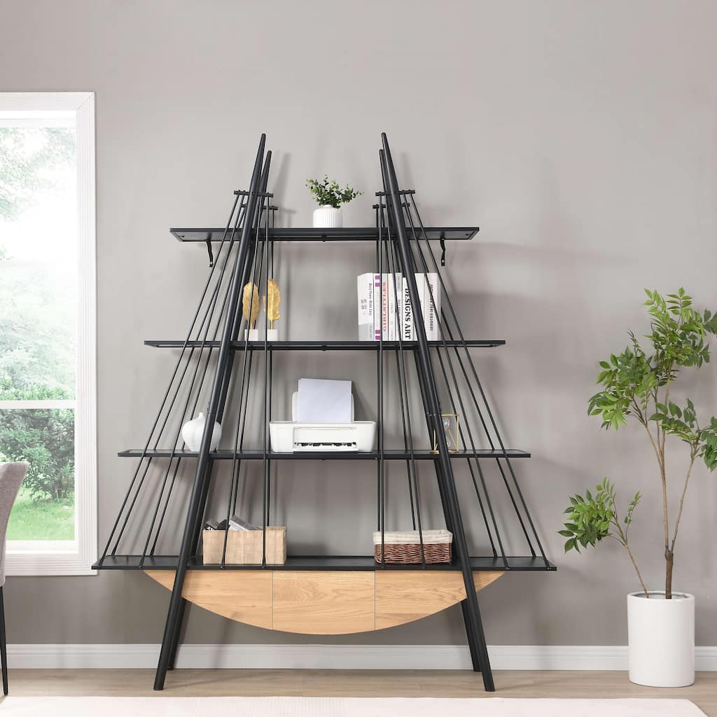 Sailboat-Inspired Bookshelf, 70.87 inch Industrial 4-Tier Open Storage Shelf with Drawer, Wooden & Metal Freestanding Bookcase