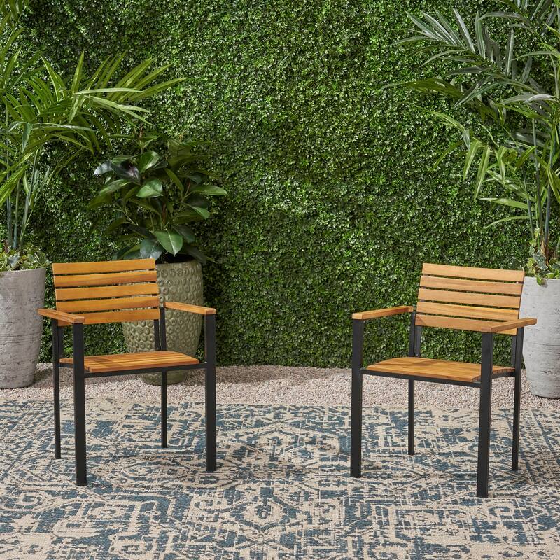Roomfitters Outdoor Patio Dining Chairs, Wood and Metal Armchairs with Slatted Back for Garden Deck, Teak+ Black