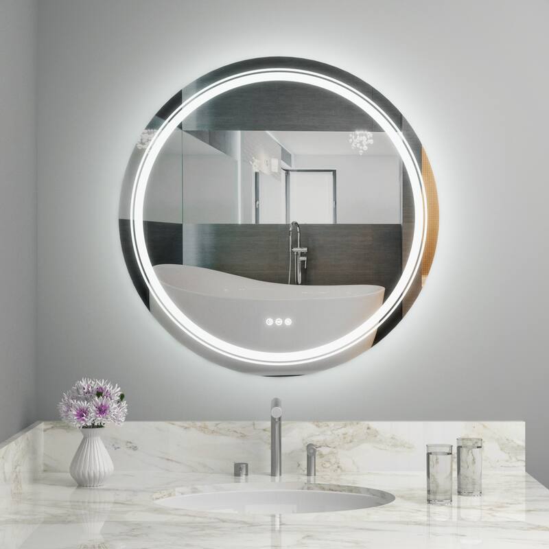 Frameless LED Lighted Round Bathroom Vanity Mirror Dimmable Anti-Fog