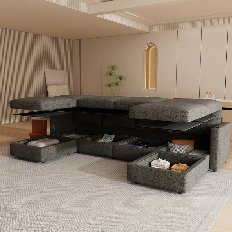 Oversized Sectional Sofa Set, Convertible L Shaped Couch Sofa Bed with Storage, 6 Seater Modular Sofa with Ottomans and Chaise