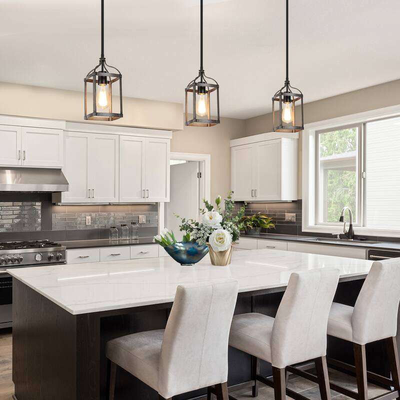 Rustic Farmhouse Coastal Mini Pendant Black and Wood Accent Lantern Barn Lights For Kitchen Island - L5.5"xW 5.5"x H 12"