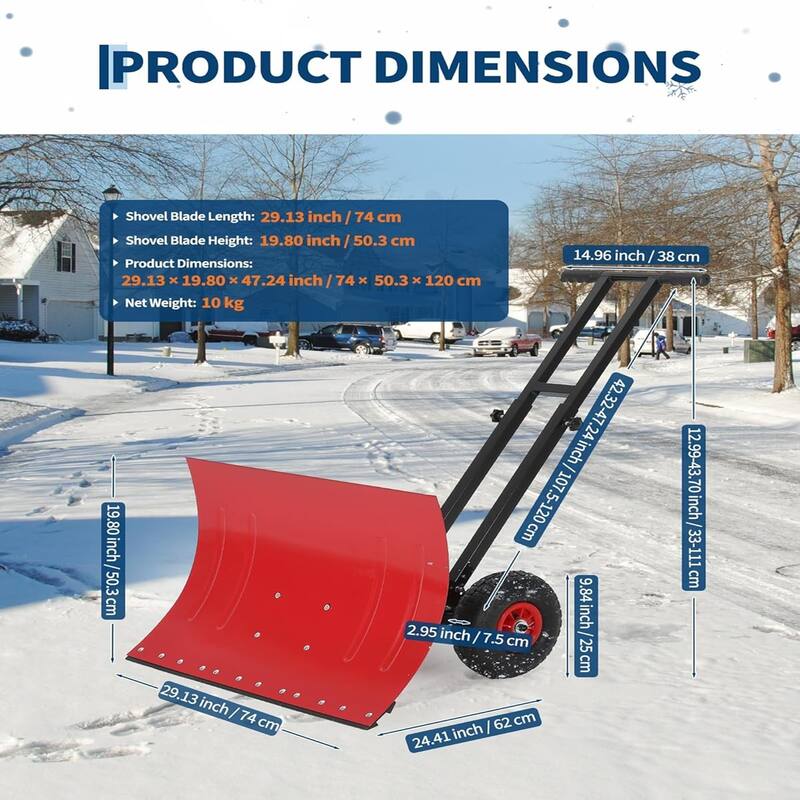 29x20 In Heavy Duty Rolling Snow Shovel With Wheels Double Armrests - 29x20 In