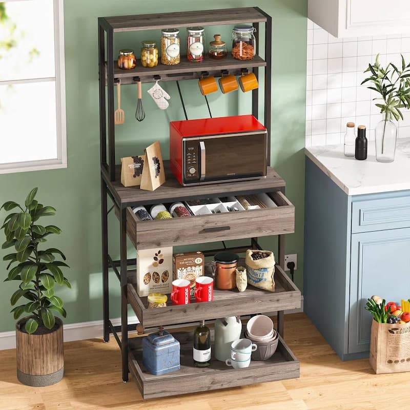 3-Shelf Kitchen Baker’s Rack with Drawers Pull-Out Shelf Microwave Storage and Steel Frame - 64.96”H x 31.50" W x 15.75”D