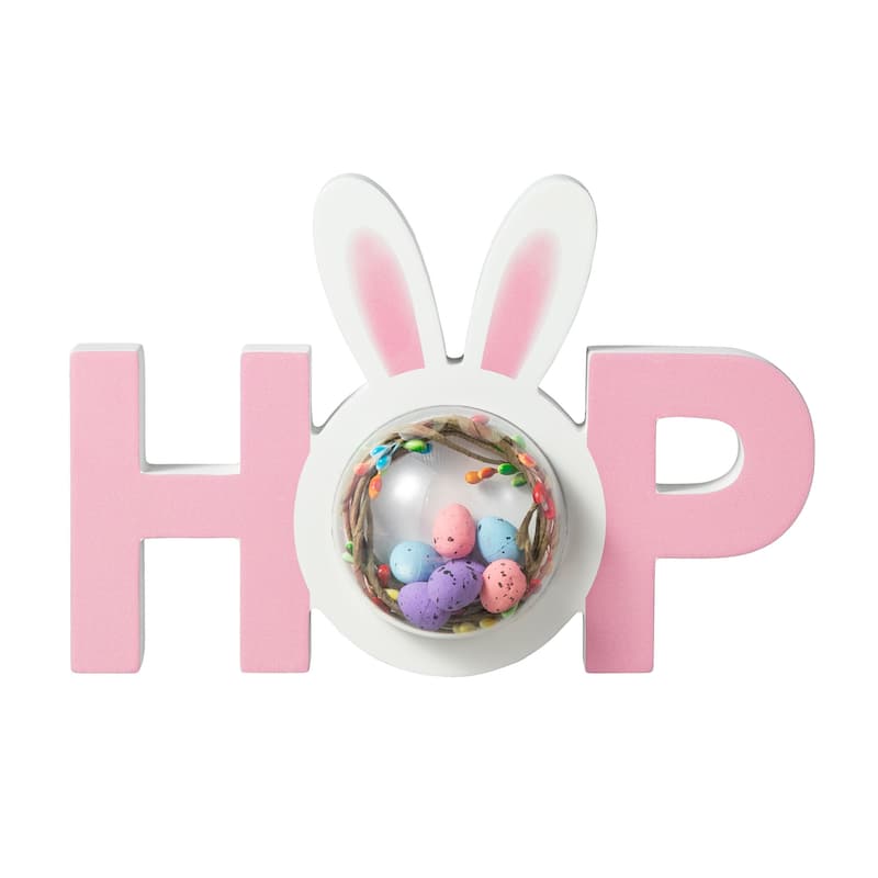 Glitzhome Wooden EASTER HOP Happy Easter with Artificial Rattan Table Sign Decor Centerpiece