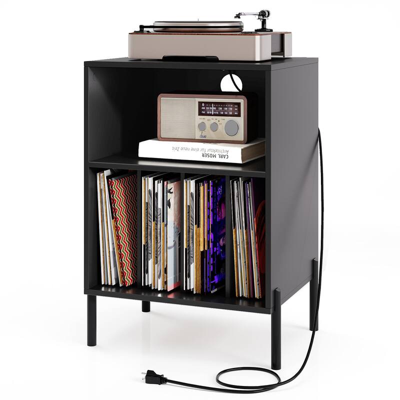Gymax Record Player Stand w/ Charging Station 5 Storage Compartments - Black - MDF