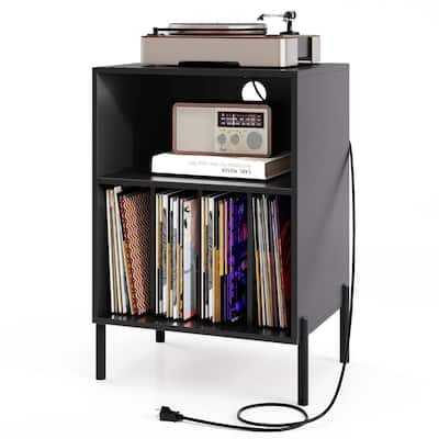 Gymax Record Player Stand w/ Charging Station 5 Storage Compartments