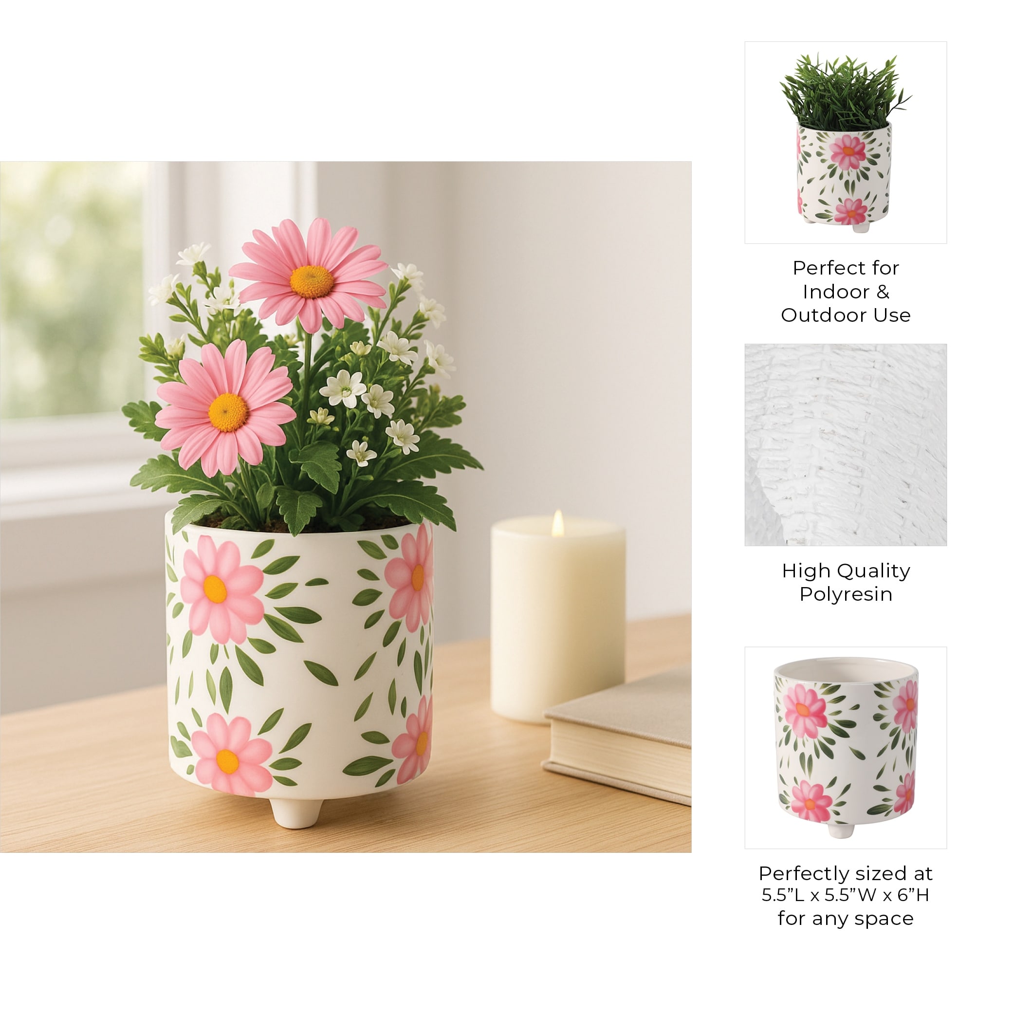 Plant Pot Set of 2 - Ceramic Floral Design, Footed, 6/8