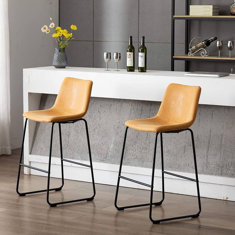 Home Beyond Set of 2 Pcs Synthetic Leather Upholstered Barstools Armlesss with Metal Frame
