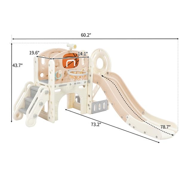 dimension image slide 1 of 3, Climbing Crawling Playhouse Freestanding Arch Tunnel With Slide Ring Toss Basketball Hoop Toy Storage Organizer
